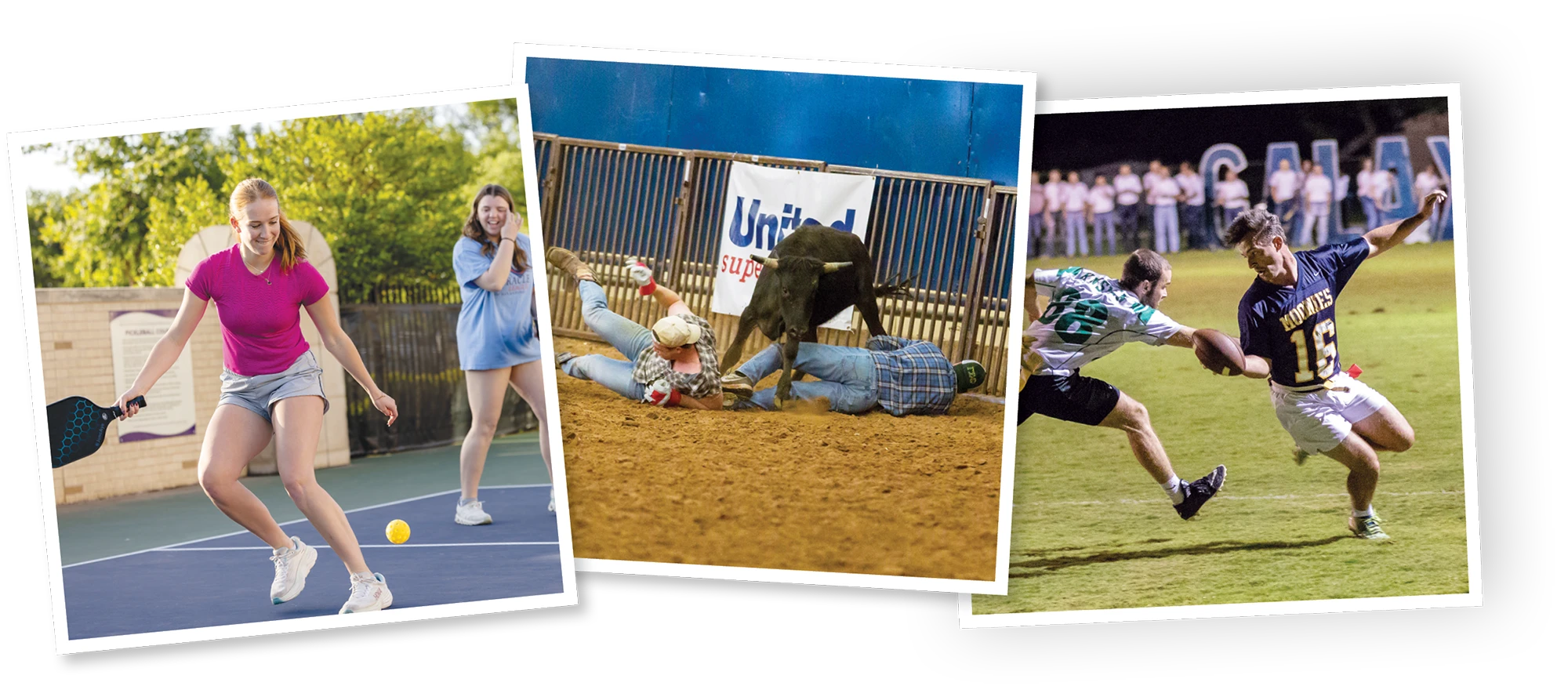 Three-photo collage showing ACU student life: two students playing pickleball, a student avoiding a charging bull at a rodeo event, and students playing nighttime flag football.