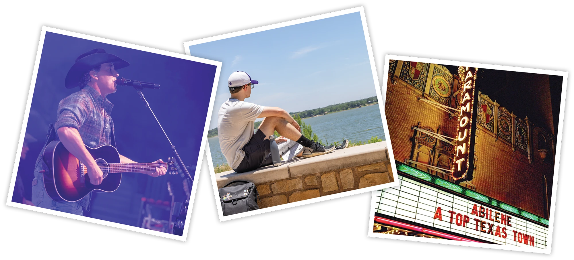 Collage of three images representing Abilene, Texas: a country musician performing live on stage with a guitar, a student sitting on a stone ledge overlooking a lake, and the Paramount Theatre marquee at night with the words “Abilene A Top Texas Town.”