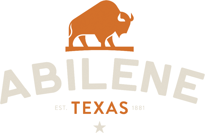 Logo for the city of Abilene, Texas, featuring a stylized orange bison standing on a flat line above the words “ABILENE” in tan and “TEXAS” in orange, with “EST. 1881” in smaller text beneath.