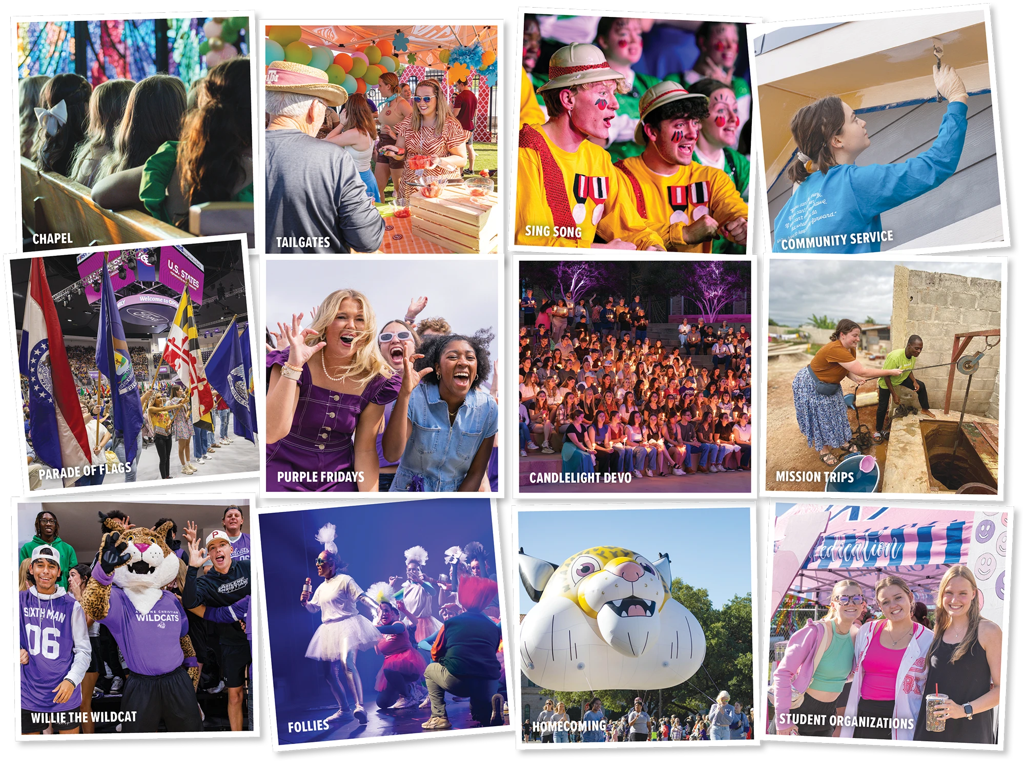 Collage of 12 photos showing various campus life activities at Abilene Christian University, including Chapel, Tailgates, Sing Song, Community Service, Parade of Flags, Purple Fridays, Candlelight Devo, Mission Trips, Willie the Wildcat mascot, Follies performance, Homecoming with a Wildcat balloon, and Student Organizations.