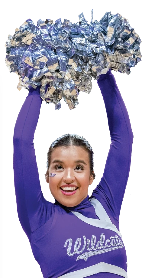 Collage of Abilene Christian University athletic moments, including a softball player pitching, a basketball player shooting a free throw on a WAC court, and a cheerleader in purple raising silver pom-poms with a smile.