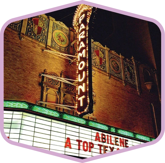 The Paramount Theatre marquee in downtown Abilene at night.