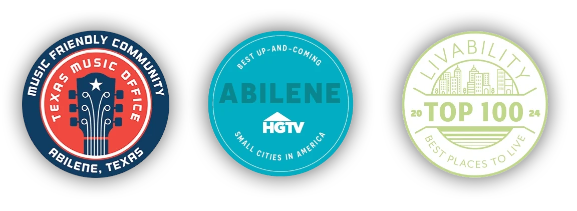 Three badges highlighting Abilene community recognition and awards.