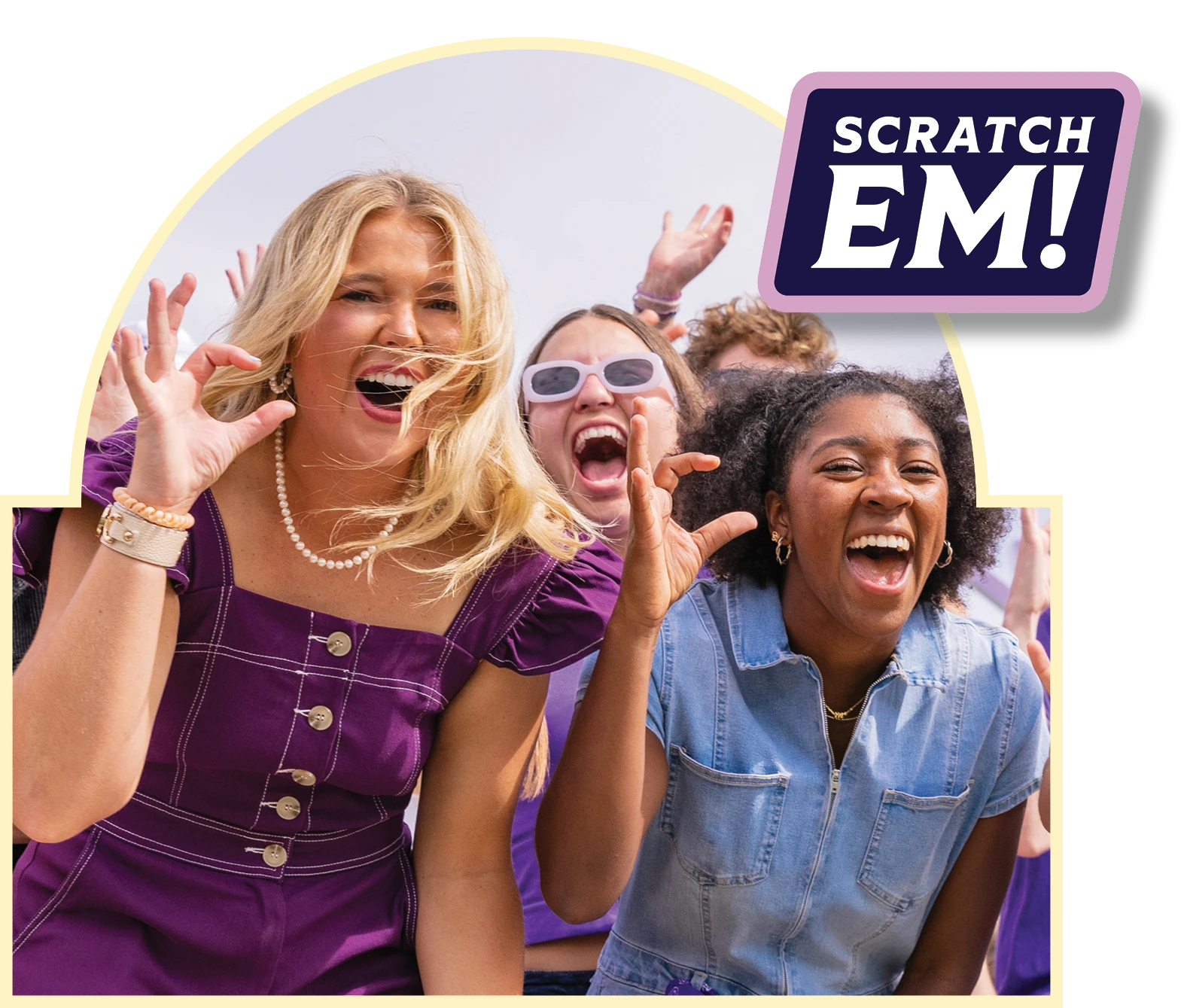 Three ACU students cheer together beside a Scratch 'Em graphic.
