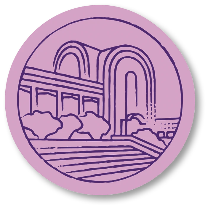 Illustrated campus landmark badge.