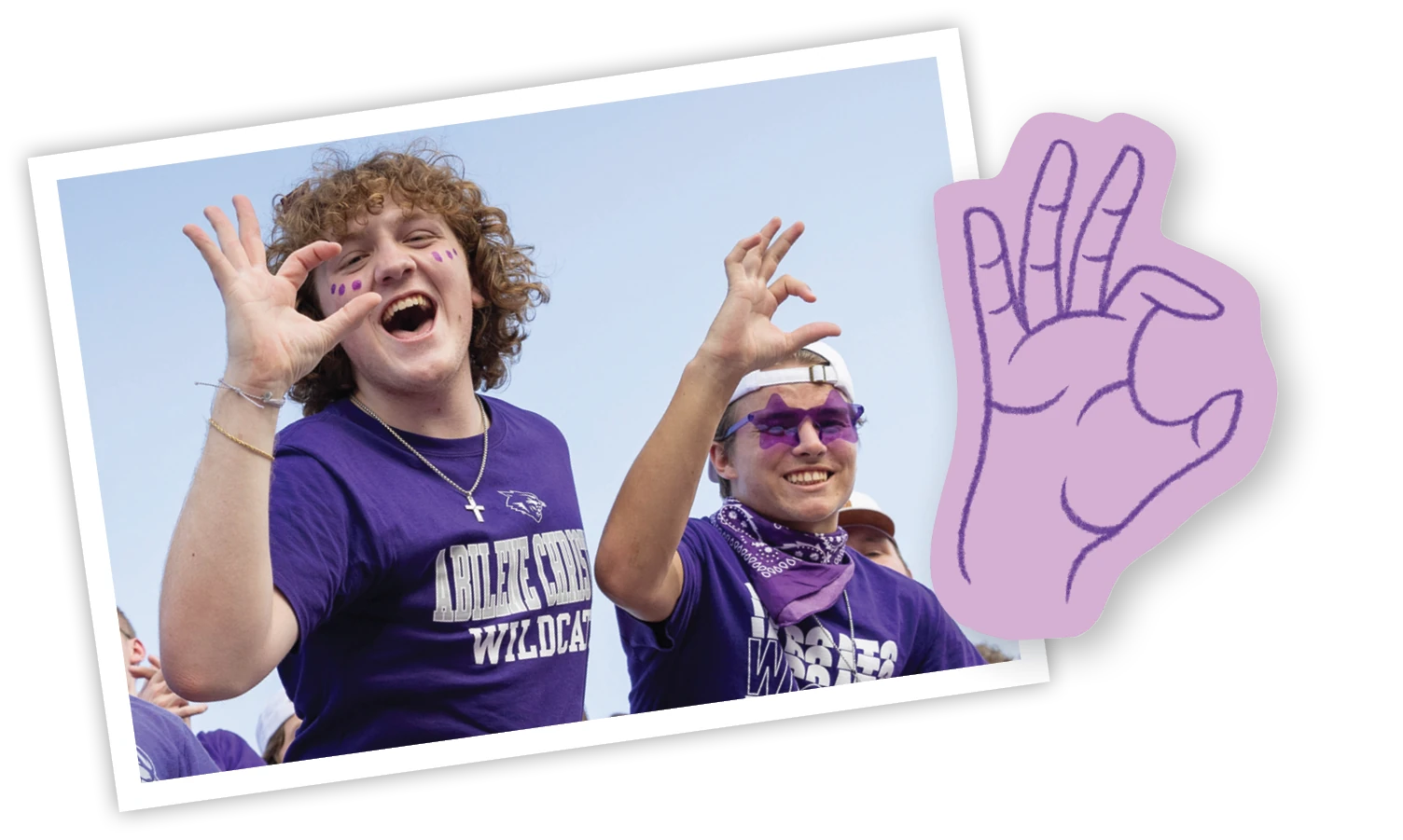 ACU students cheer beside a stylized Wildcat hand graphic.